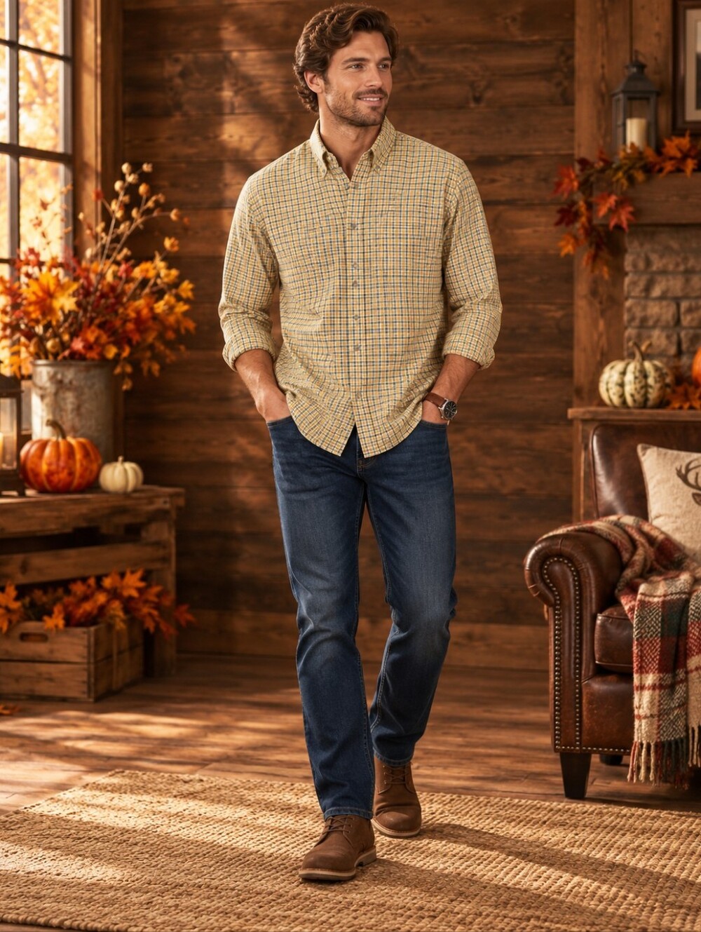 Haggar Forever New Yellow Plaid Button-Down Shirt‎ XL